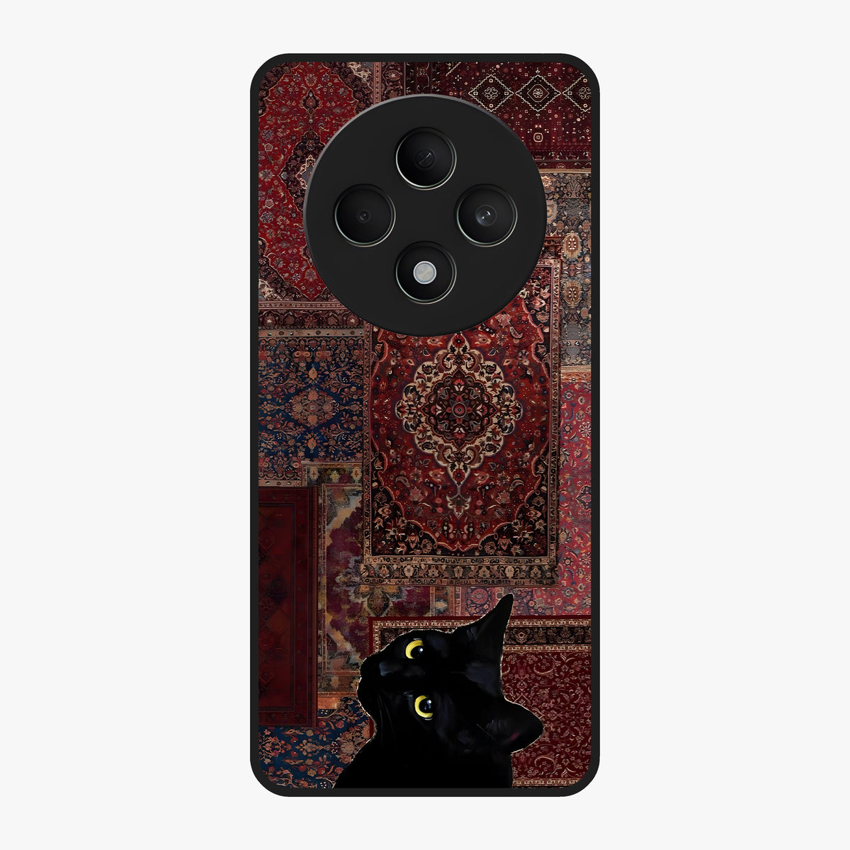 Regal Magic Cat Apple Glass Case showing flat back view with magical cat artwork holding apple and glossy glass finish.