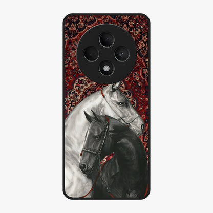 Regal Stallion Tapestry Glass Case showing flat back view with majestic horse tapestry artwork and glossy glass finish.