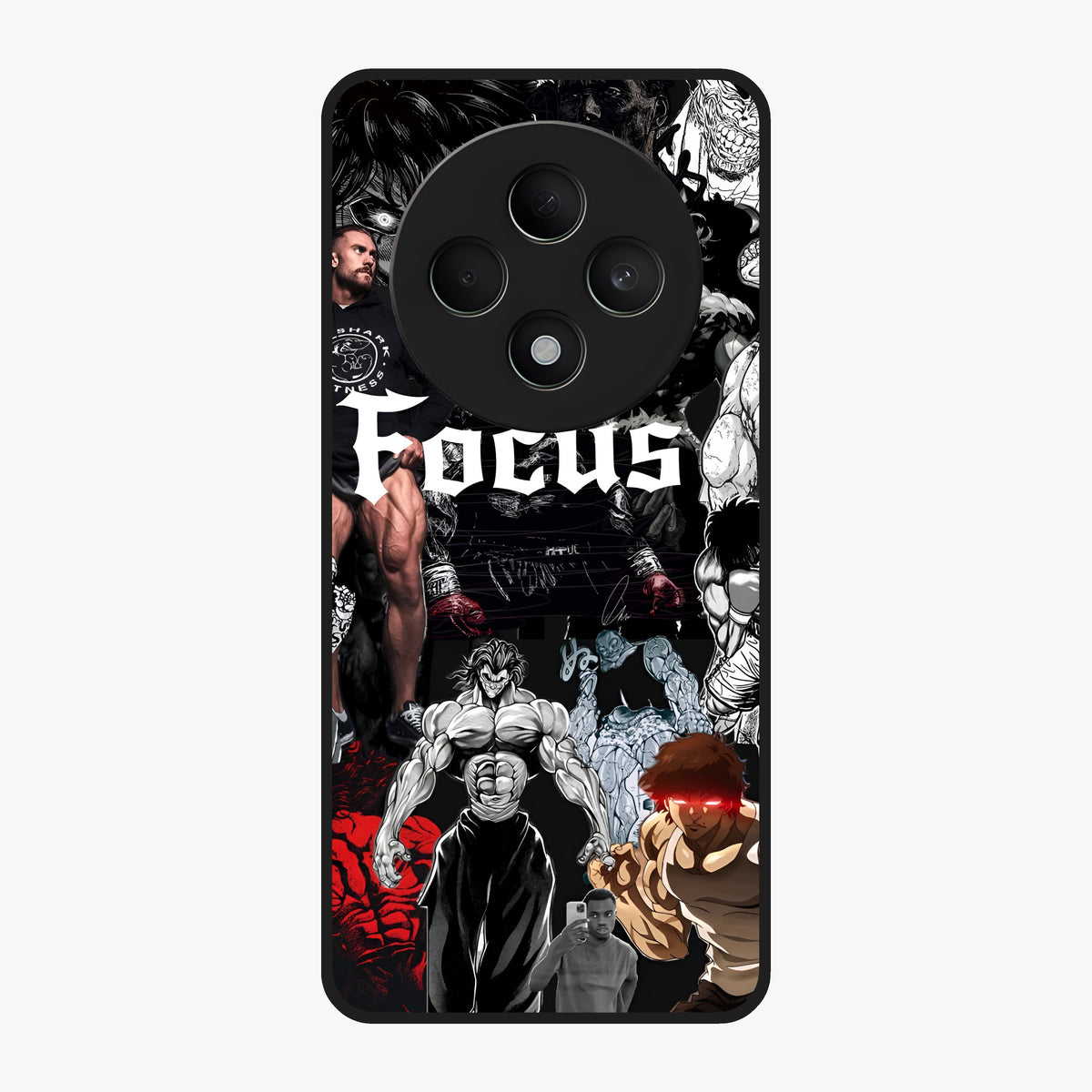 Relentless Power Focus Glass Case showing flat back view with motivational typography artwork and glossy glass finish.