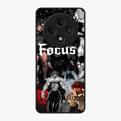 Relentless Power Focus Glass Case showing flat back view with motivational typography artwork and glossy glass finish.