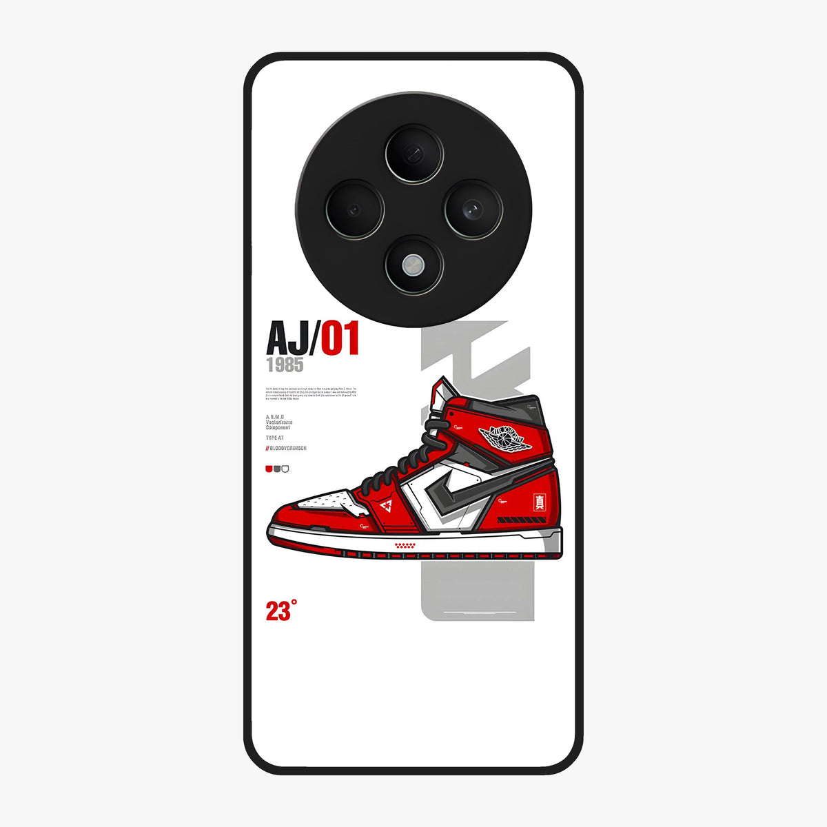 Retro Sneaker Blueprint Glass Case showing flat back view with sneaker blueprint style artwork and glossy glass finish.
