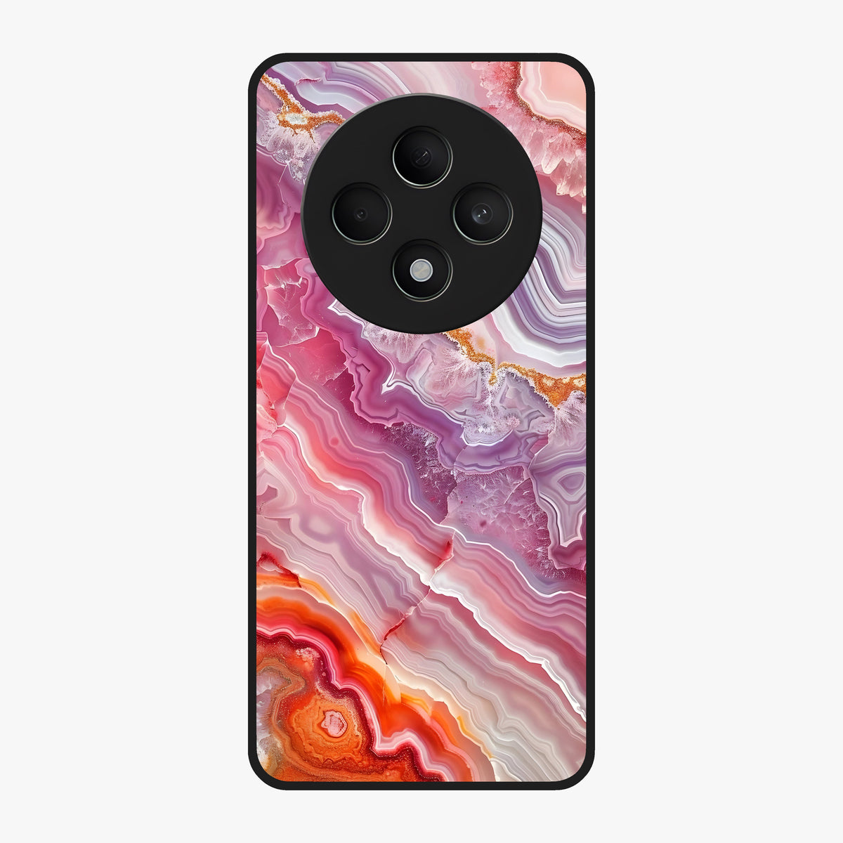 Rose Quartz Marble Glass Case showing flat back view with pink marble quartz texture artwork and glossy glass finish.