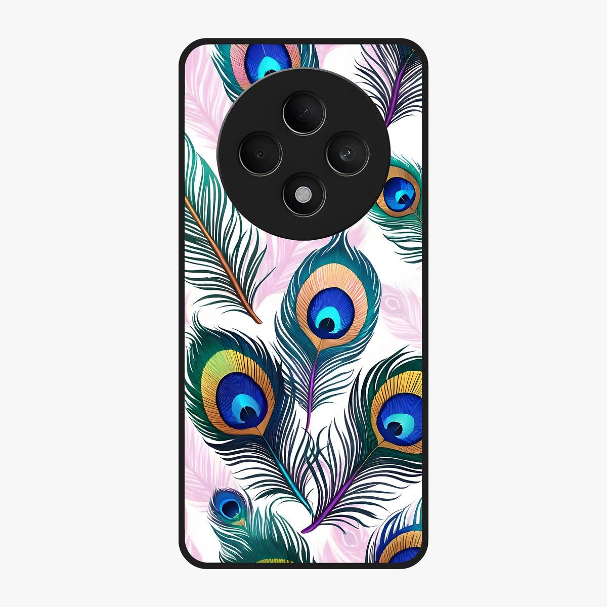 Royal Peacock Feathers Glass Case showing flat back view with colorful peacock feather artwork and glossy glass finish.