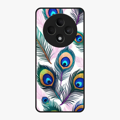 Royal Peacock Feathers Glass Case showing flat back view with colorful peacock feather artwork and glossy glass finish.
