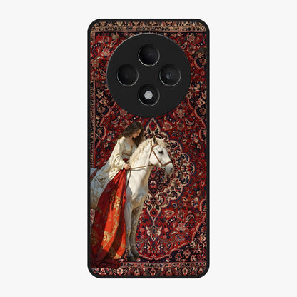 Royal Rider Tapestry Glass Case showing flat back view with majestic horse rider tapestry artwork and glossy glass finish.