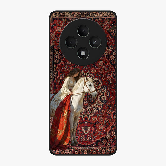 Royal Rider Tapestry Glass Case showing flat back view with majestic horse rider tapestry artwork and glossy glass finish.