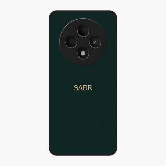Sabr Minimal Patience Glass Case showing flat back view with minimalist typography artwork and glossy glass finish.