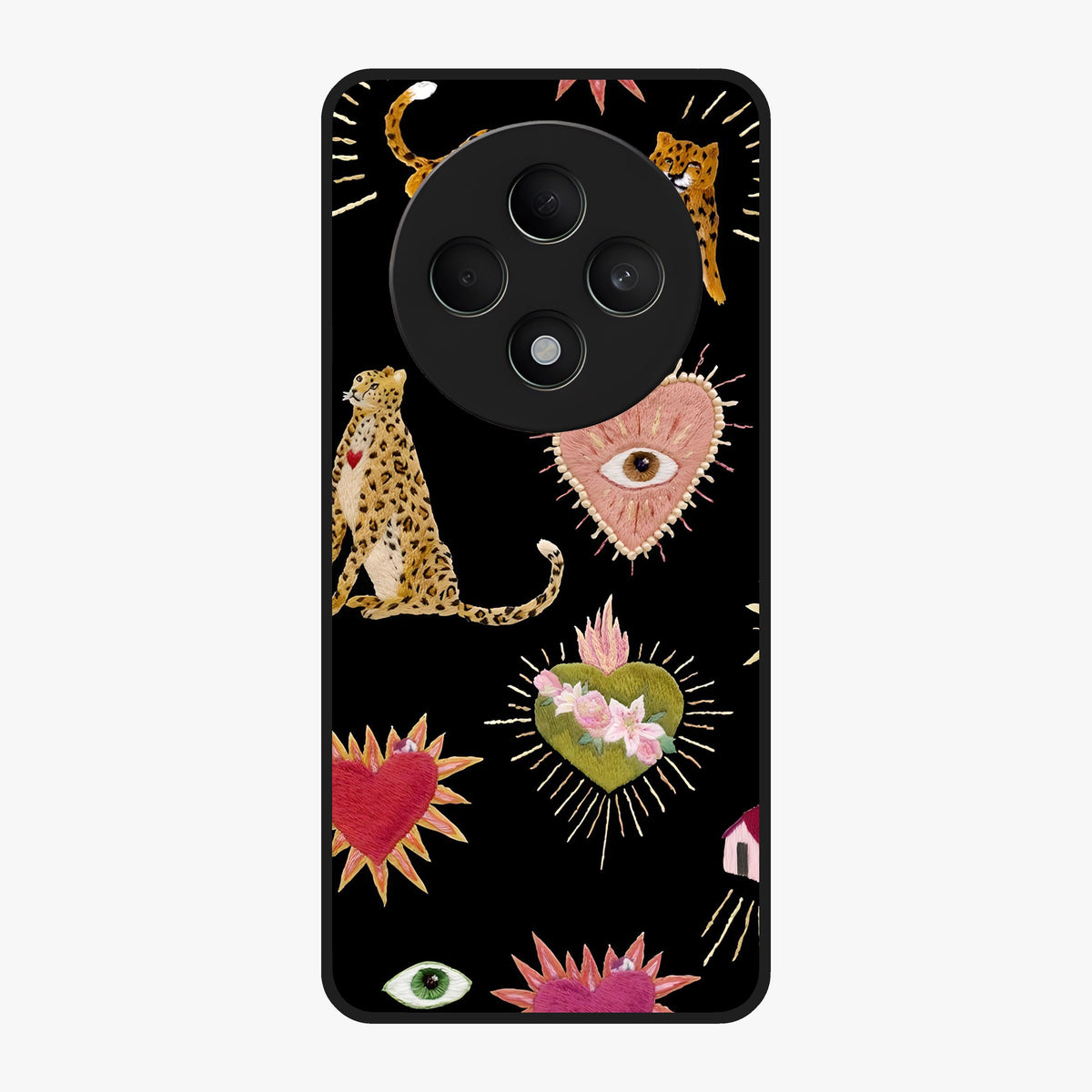 Sacred Jungle Heart Glass Case showing flat back view with jungle inspired heart artwork and glossy glass finish.