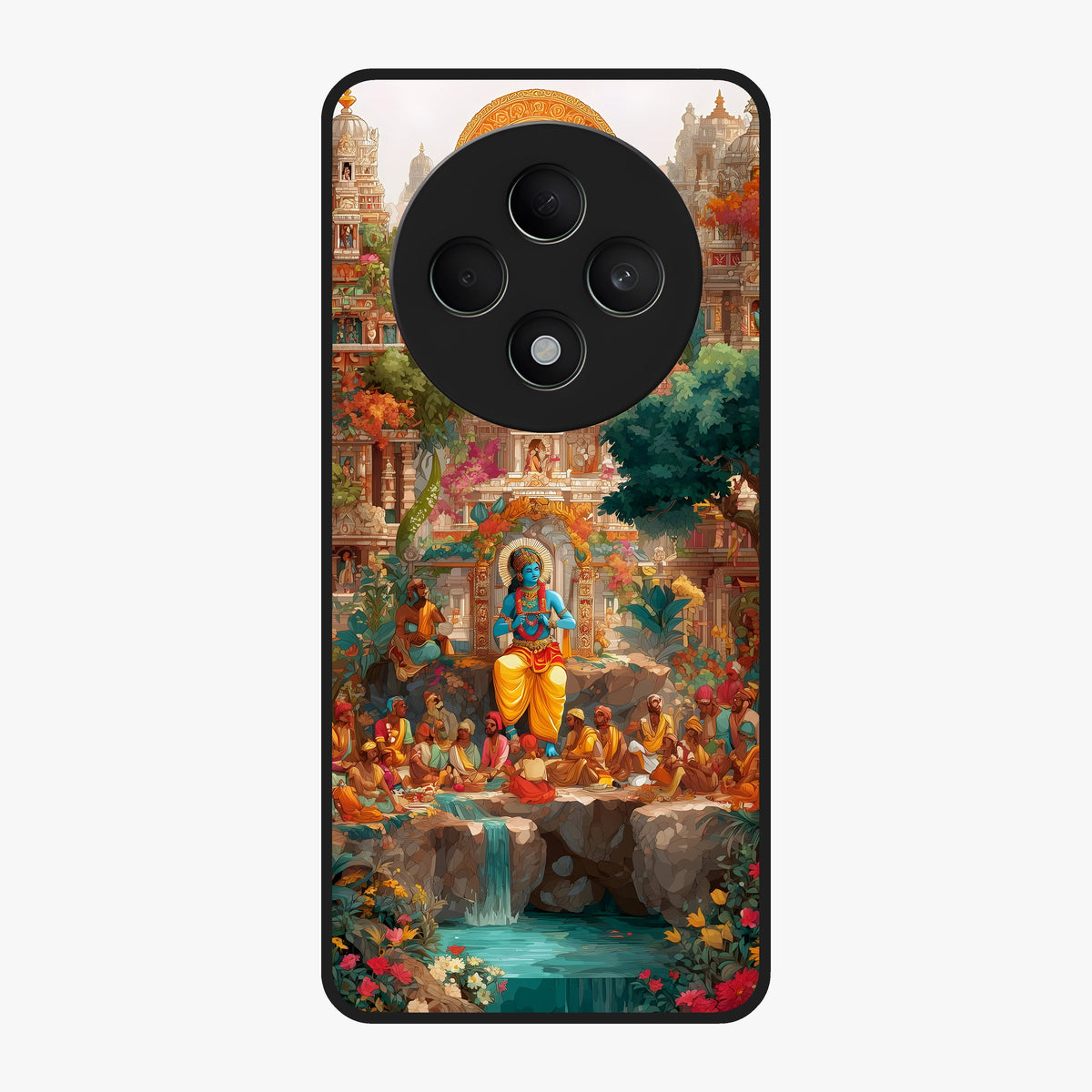 Sacred Sunlight Gods Glass Case showing flat back view with divine sunlight themed artwork and glossy glass finish.