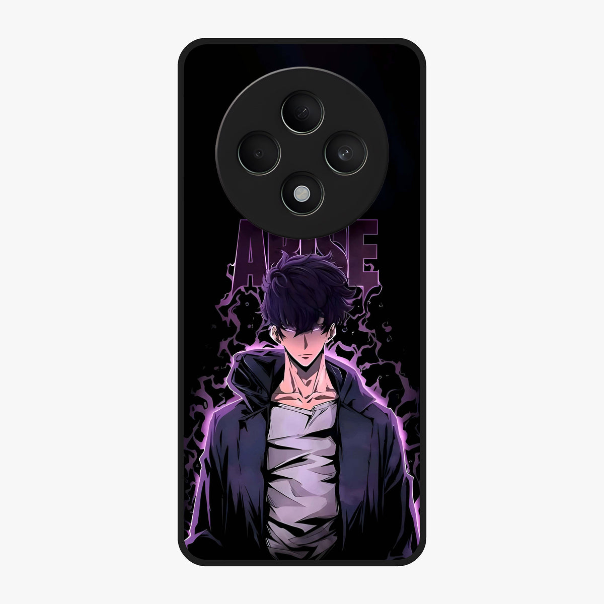 Shadow Monarch Awakening Glass Case showing flat back view with powerful dark monarch themed artwork and glossy glass finish.