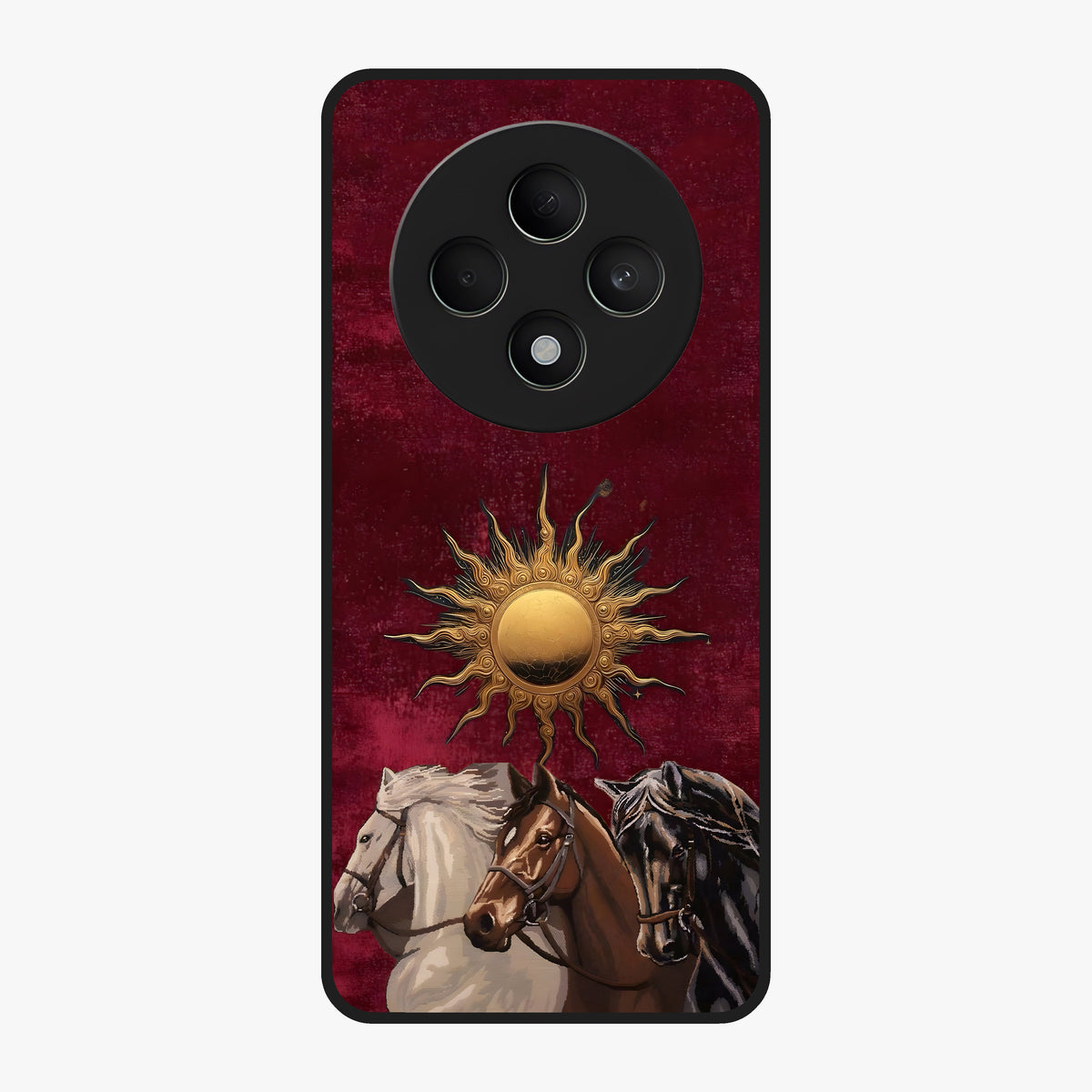 Solar Riders Glass Case showing flat back view with dynamic rider themed artwork and glossy glass finish.