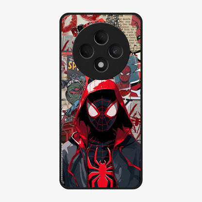 Spider Collage Street Glass Case showing flat back view with vibrant superhero collage artwork and glossy glass finish.