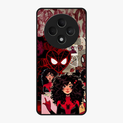 Spider Love Story Glass Case showing flat back view with romantic superhero themed artwork and glossy glass finish.