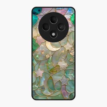 Stained Sunrise Glow Glass Case showing flat back view with glowing sunrise stained pattern artwork and glossy glass finish.