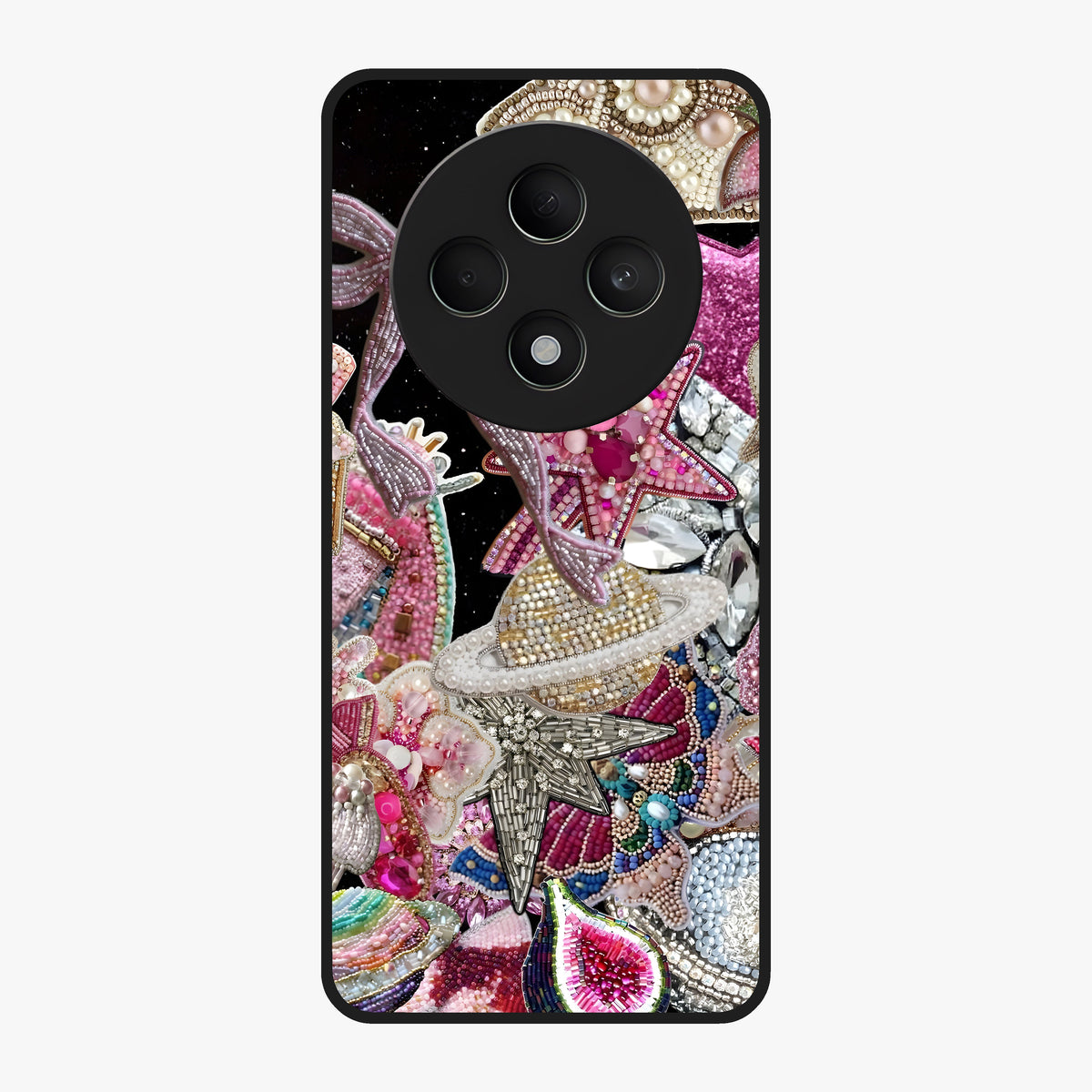 Starlit Jewel Dream Glass Case showing flat back view with sparkling jewel and star themed artwork and glossy glass finish.