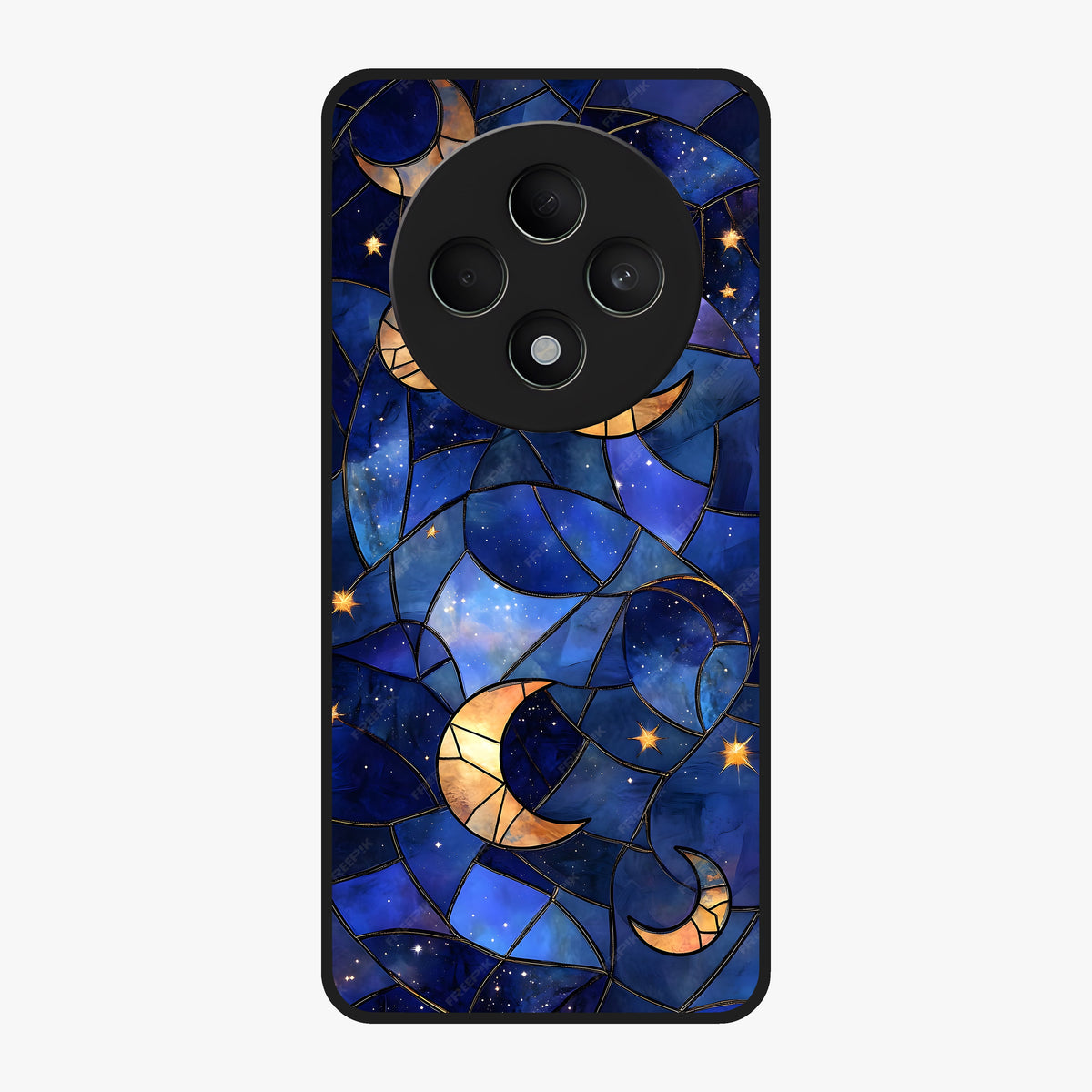 Starlit Sky Tapestry Glass Case showing flat back view with decorative starry sky tapestry artwork and glossy glass finish.