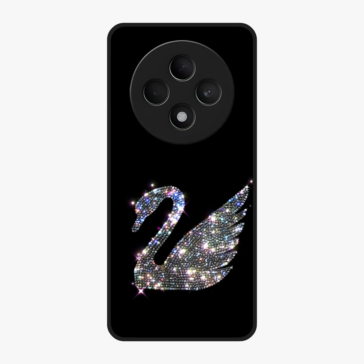 Starlit Swan Grace Glass Case showing flat back view with graceful swan artwork under starry sky and glossy glass finish.