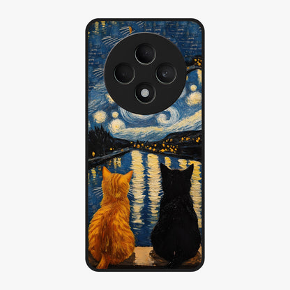 Starry River Cats Glass Case showing flat back view with cats by a starry river artwork and glossy glass finish.