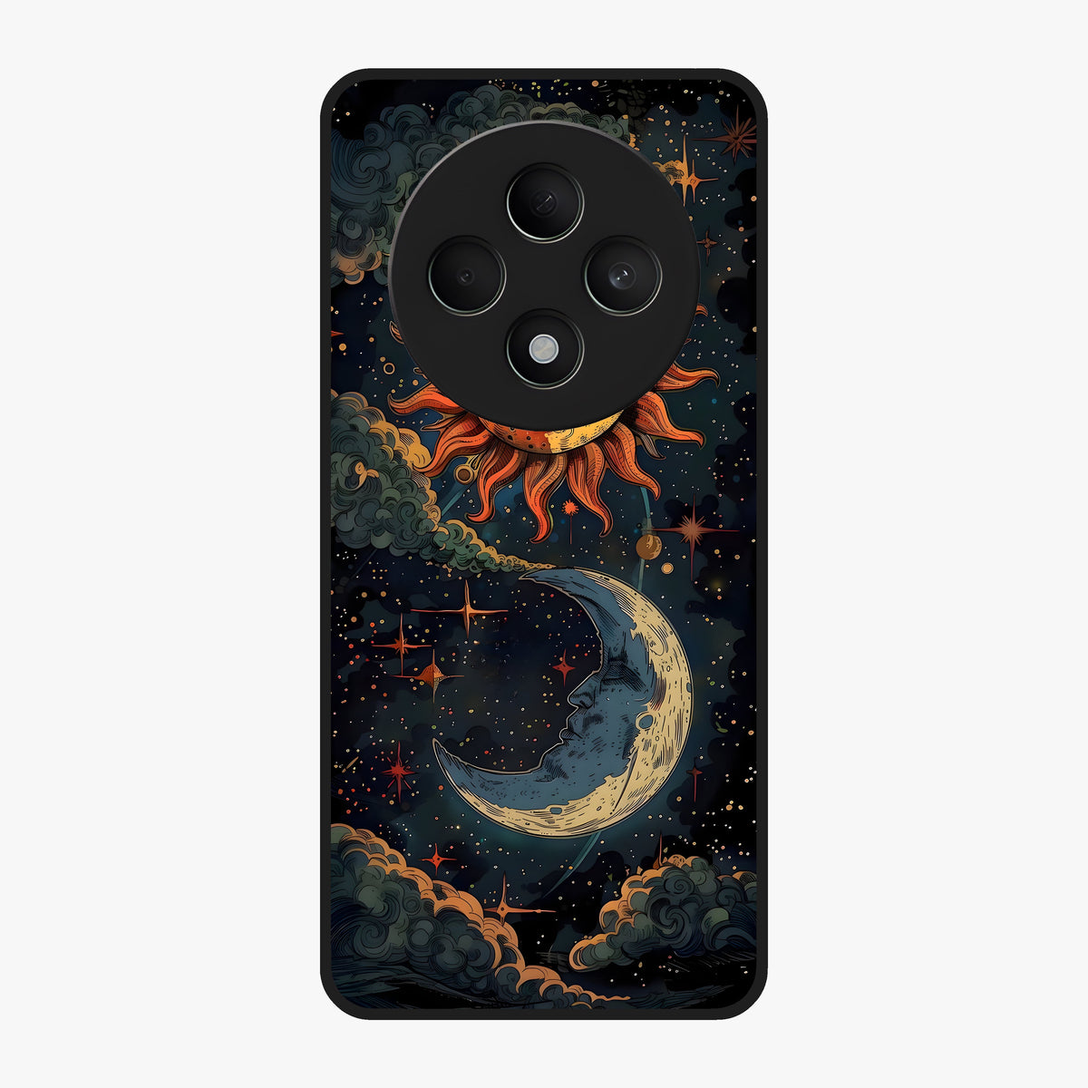 Sun And Moon Magic Design Glass Case showing flat back view with mystical sun and moon artwork and glossy glass finish.