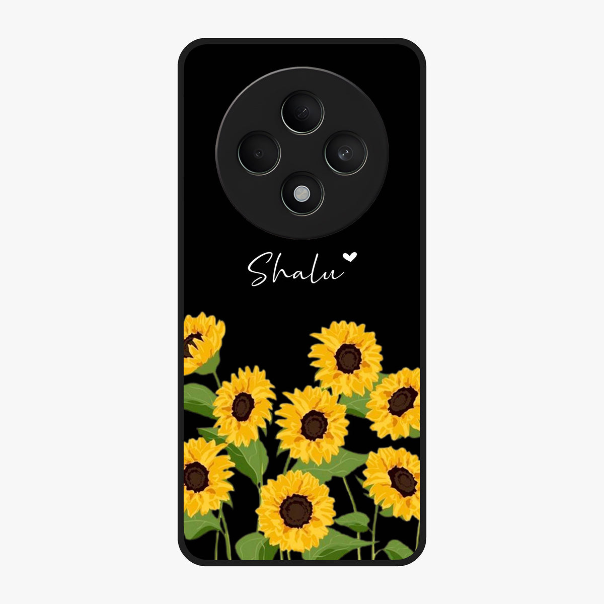 Sunflower Chic Mood Custom Name Glass Case showing flat back view with stylish sunflower artwork and personalized name design.