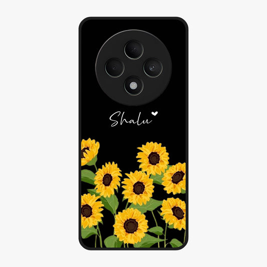 Sunflower Chic Mood Custom Name Glass Case showing flat back view with stylish sunflower artwork and personalized name design.