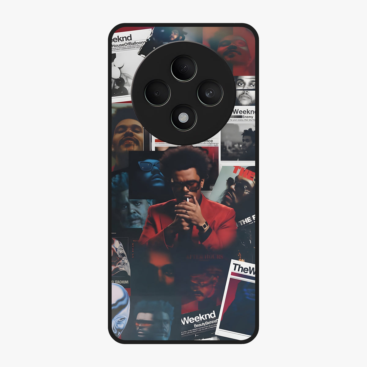 The Weeknd Glass Case showing flat back view with music inspired artistic portrait artwork and glossy glass finish.