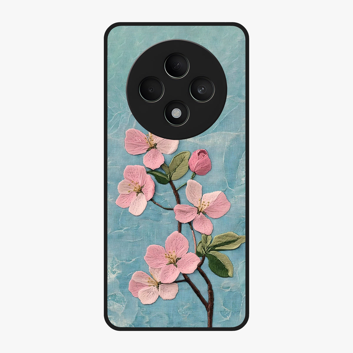 Threaded Blossom Breeze Glass Case showing flat back view with delicate blossom artwork and glossy glass finish.