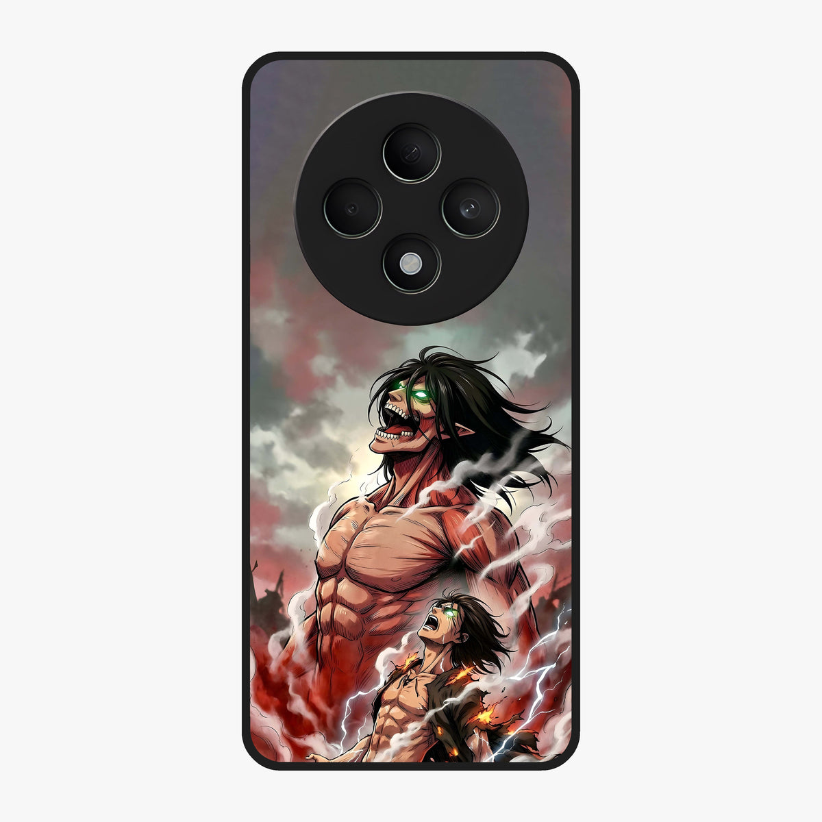 Titan Awakening Fury Glass Case showing flat back view with powerful titan inspired artwork and glossy glass finish.