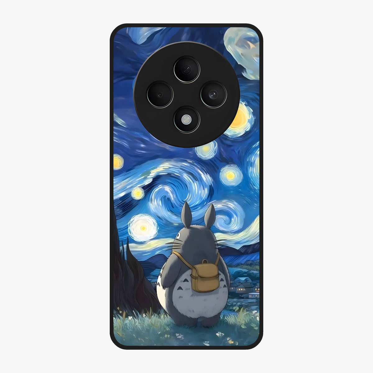 Totoro In Van Gogh Art Glass Case showing flat back view with whimsical character artwork inspired by Van Gogh style and glossy glass finish.
