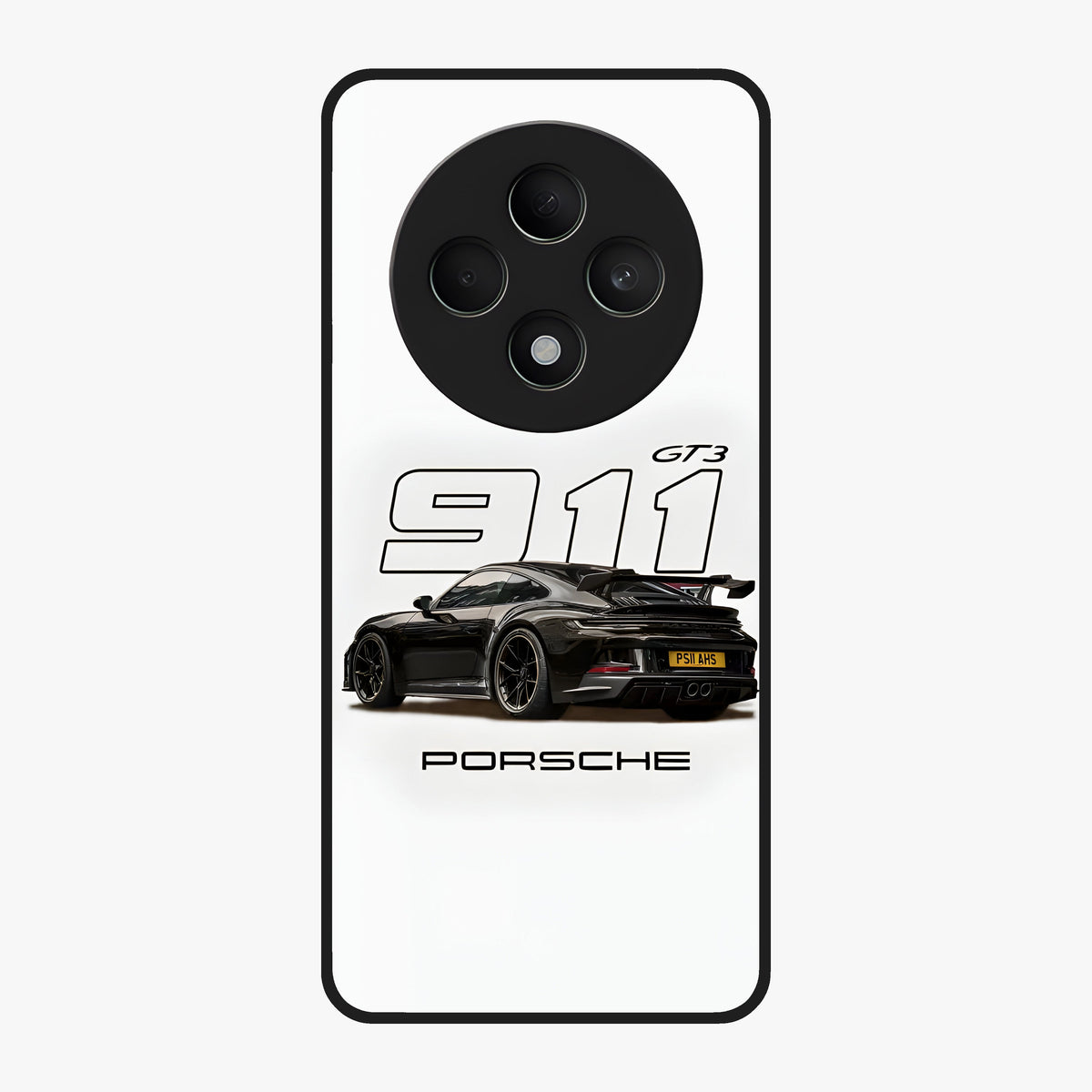 Turbo Legacy Icon Glass Case showing flat back view with iconic sports car inspired artwork and glossy glass finish.