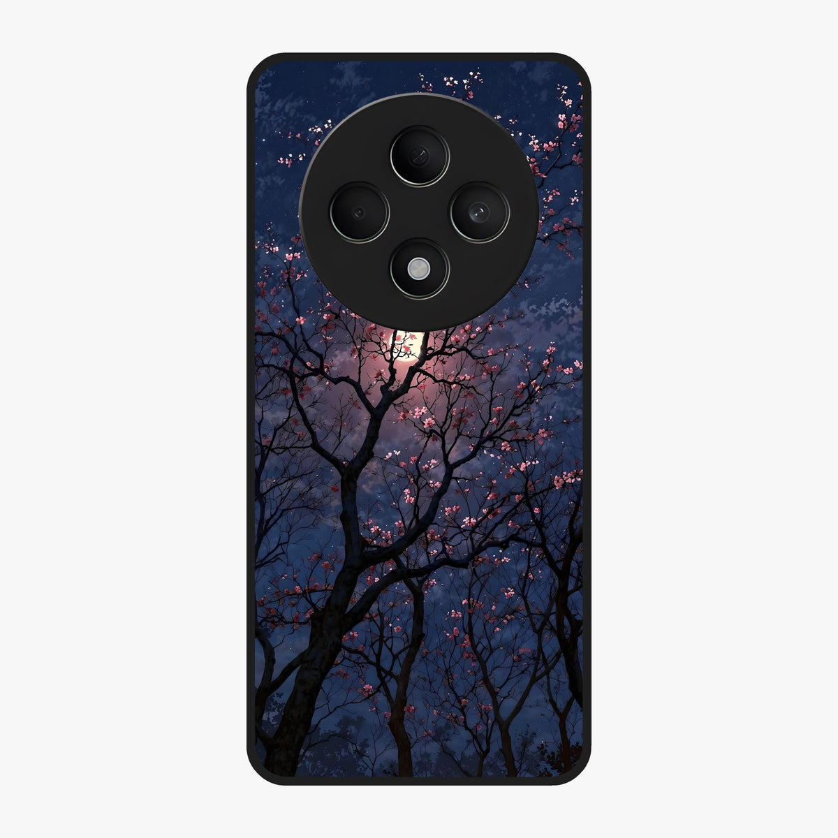 Twilight Sakura Serenade Glass Case showing flat back view with cherry blossom artwork at twilight and glossy glass finish.