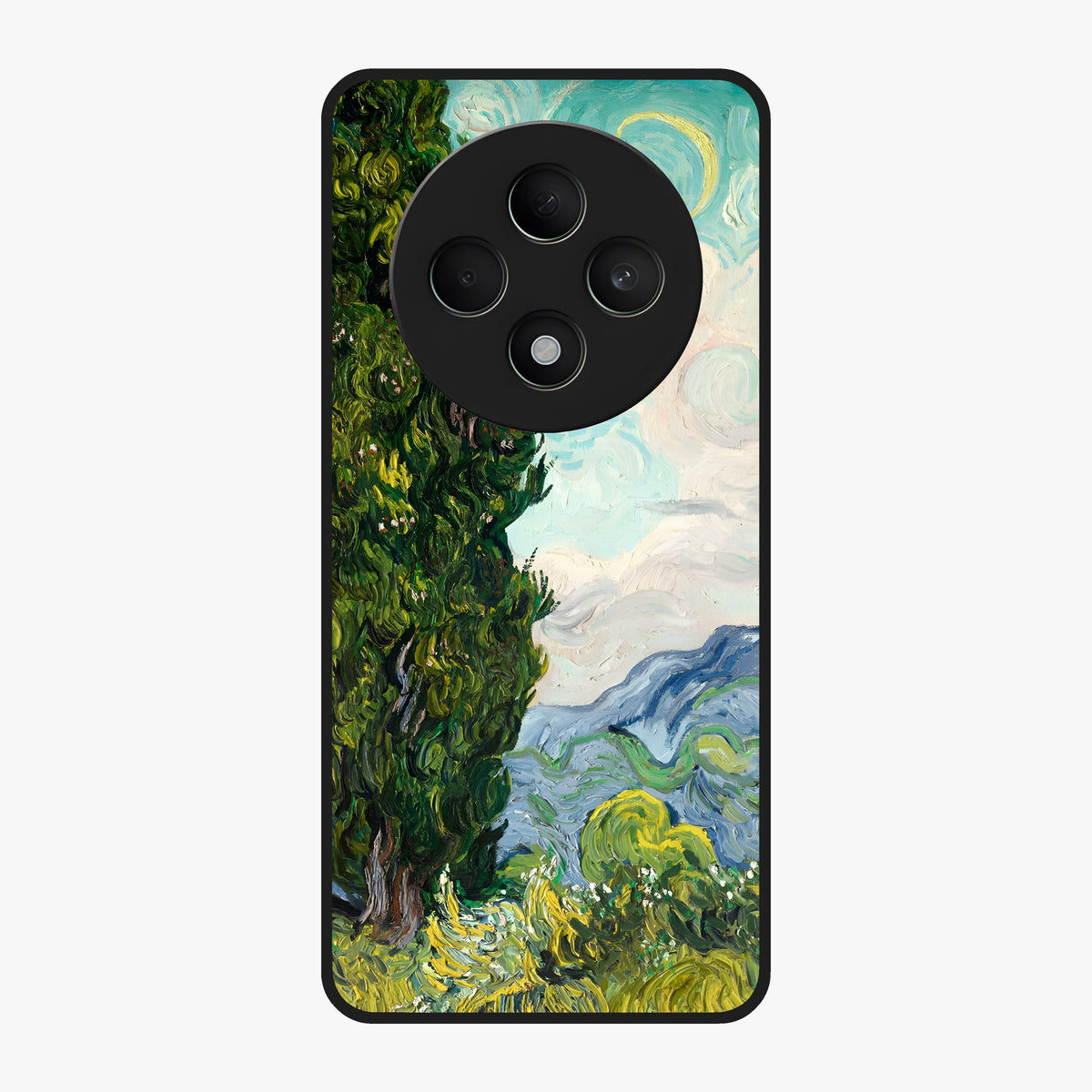 Van Gogh Vintage Art Glass Case showing flat back view with vintage painterly artwork inspired by Van Gogh style and glossy glass finish.
