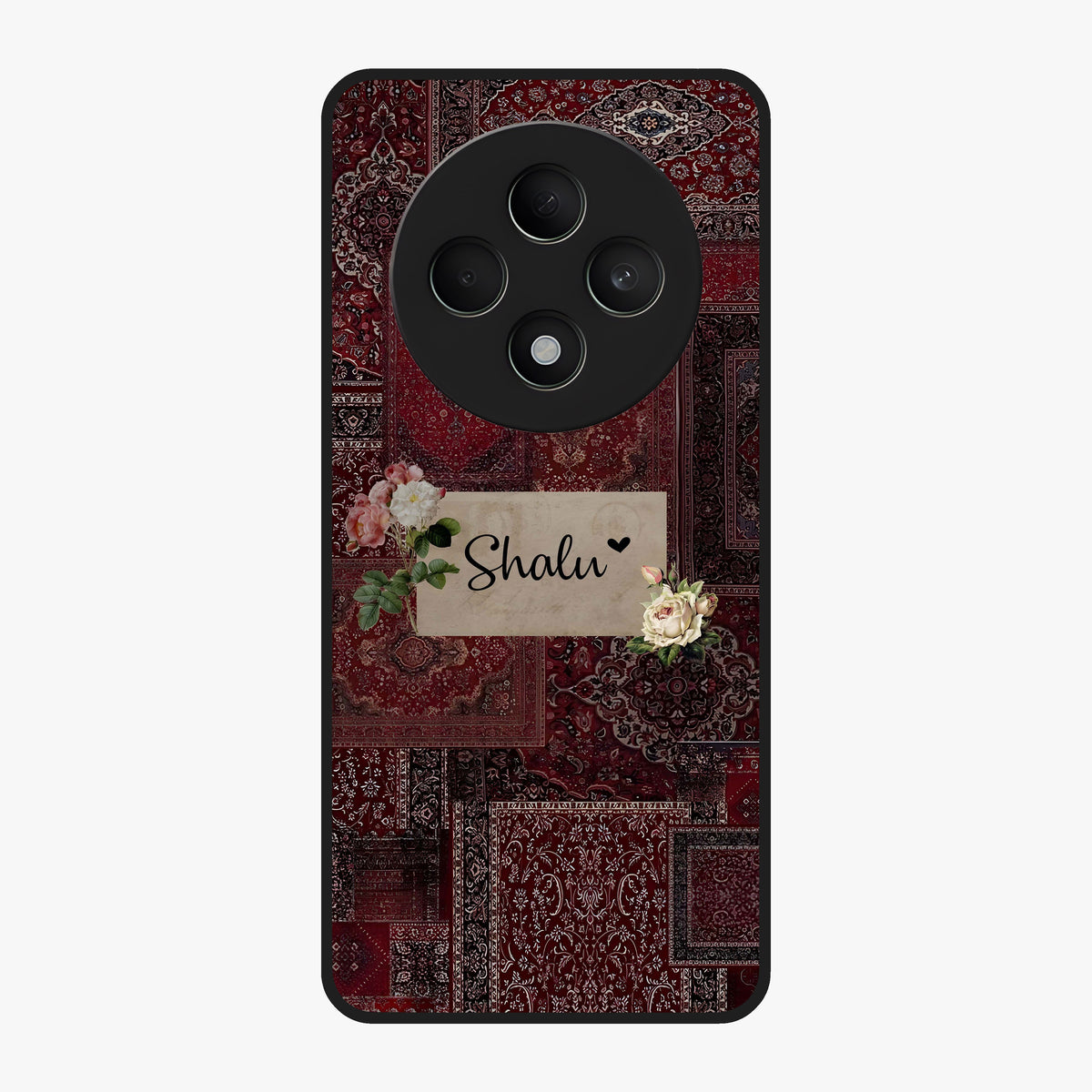 Velvet Wine Pattern Custom Name Glass Case showing flat back view with elegant wine colored pattern artwork and personalized name design.