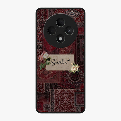 Velvet Wine Pattern Custom Name Glass Case showing flat back view with elegant wine colored pattern artwork and personalized name design.