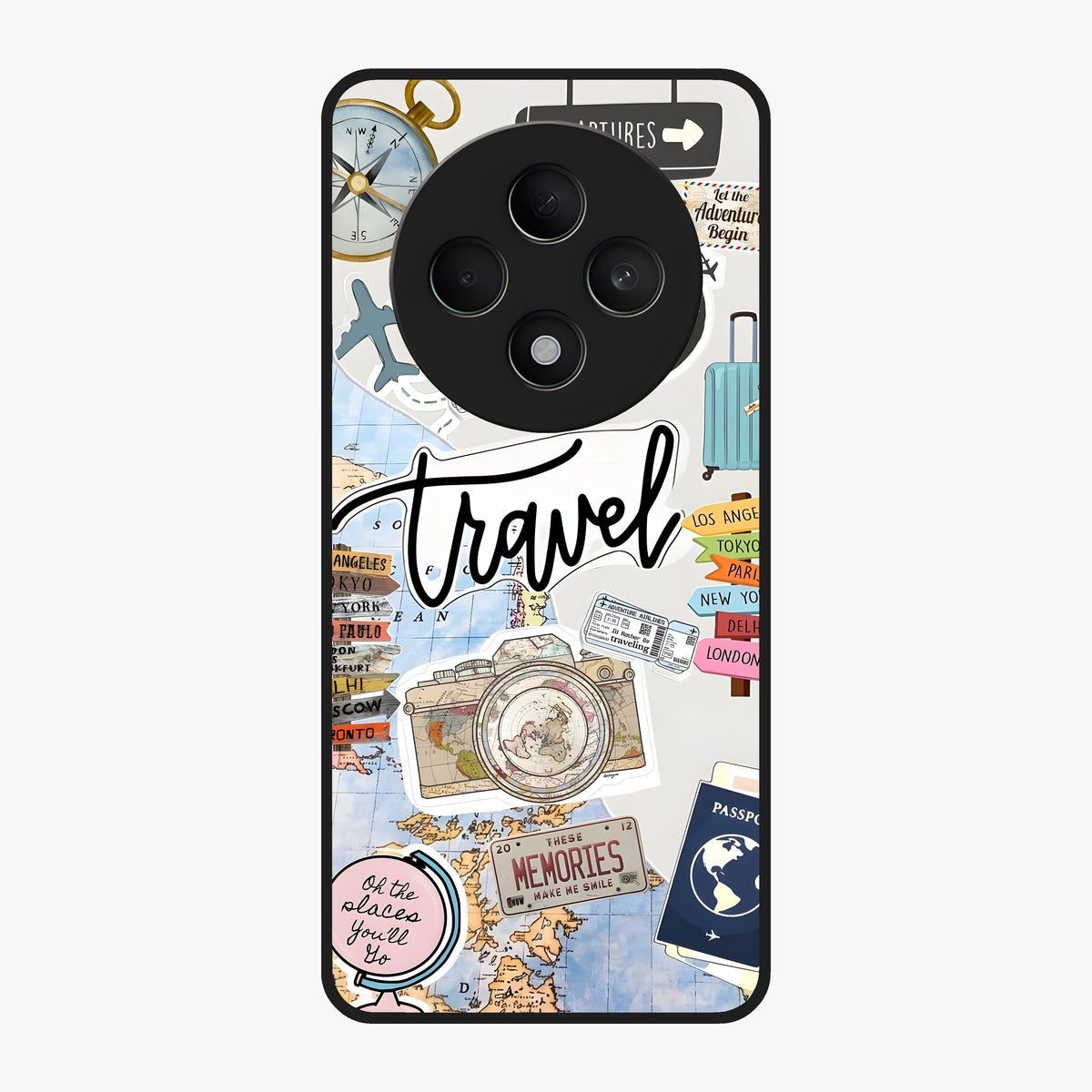 Wanderlust Journal Glass Case showing flat back view with travel inspired artwork and glossy glass finish.