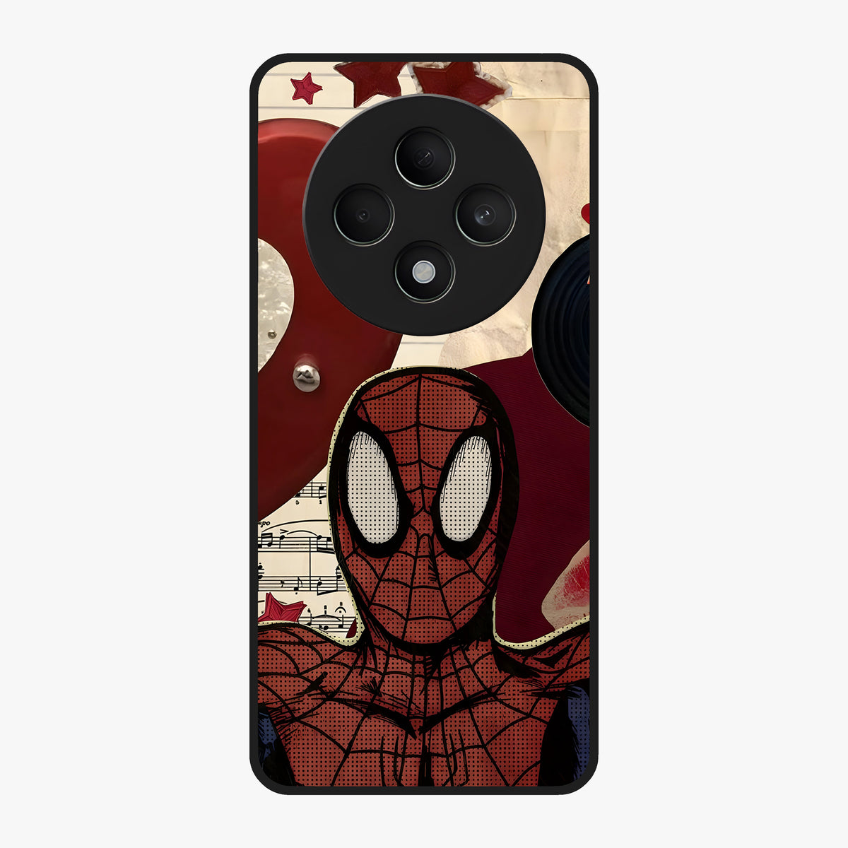 Web Warrior Vibes Glass Case showing flat back view with superhero inspired web themed artwork and glossy glass finish.