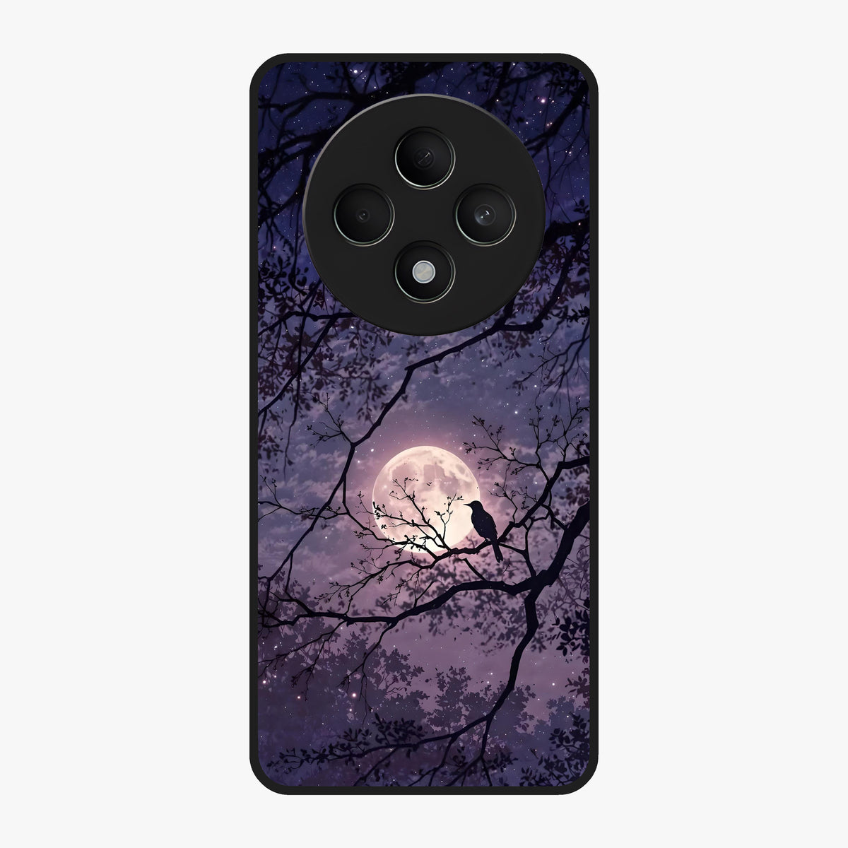 Whispering Moon Silence Glass Case showing flat back view with serene moon themed artwork and glossy glass finish.