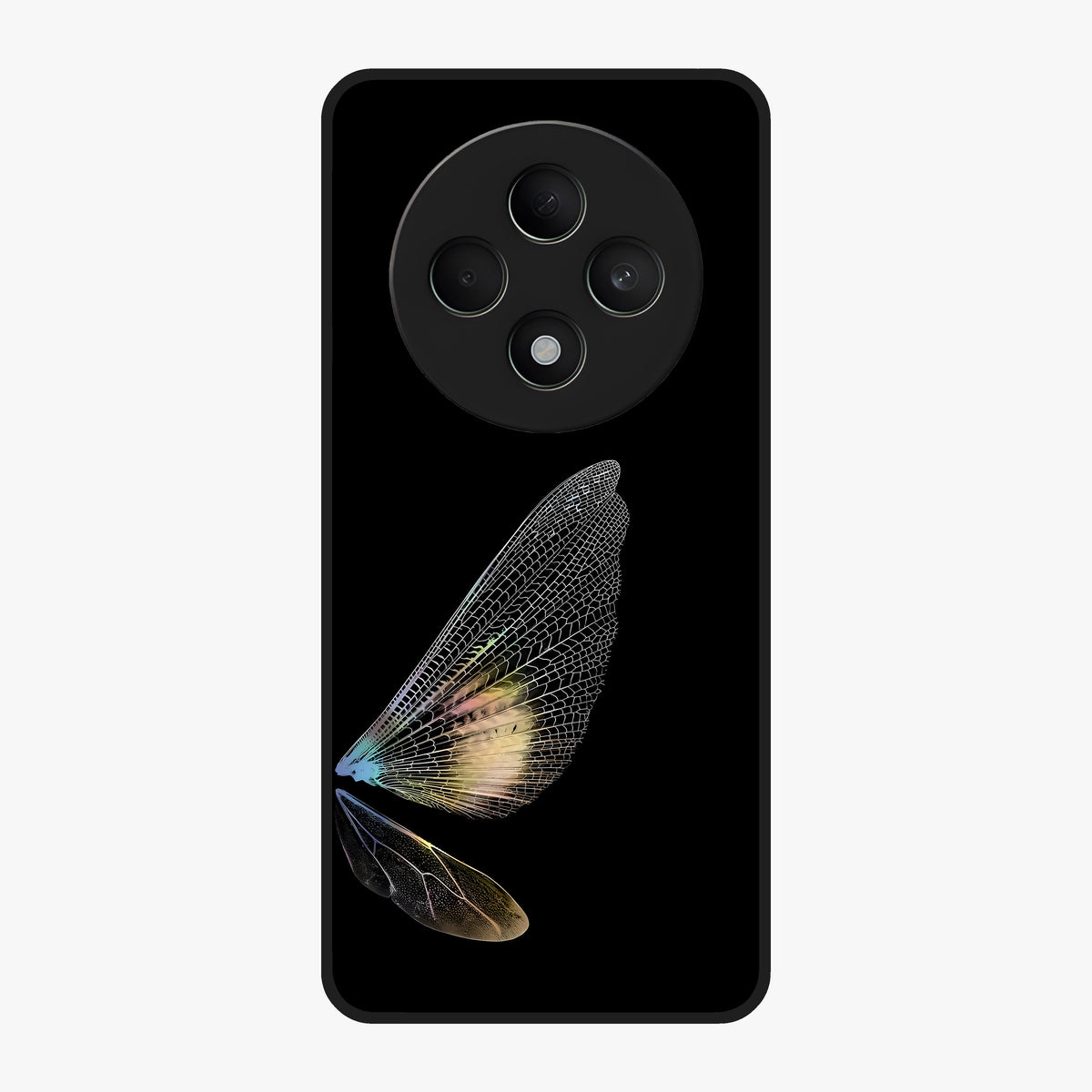 Whispers Of Wings Glass Case showing flat back view with graceful wing inspired artwork and glossy glass finish.