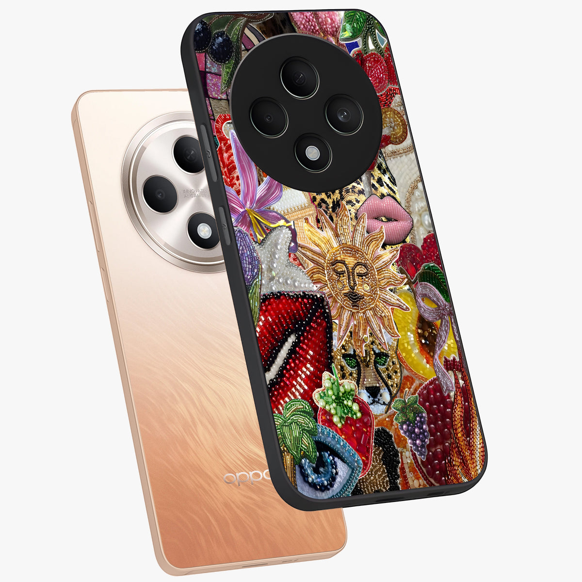 Beaded Fashion Jungle Glass Case displayed in angled mockup highlighting colorful fashion bead design and artistic pattern.