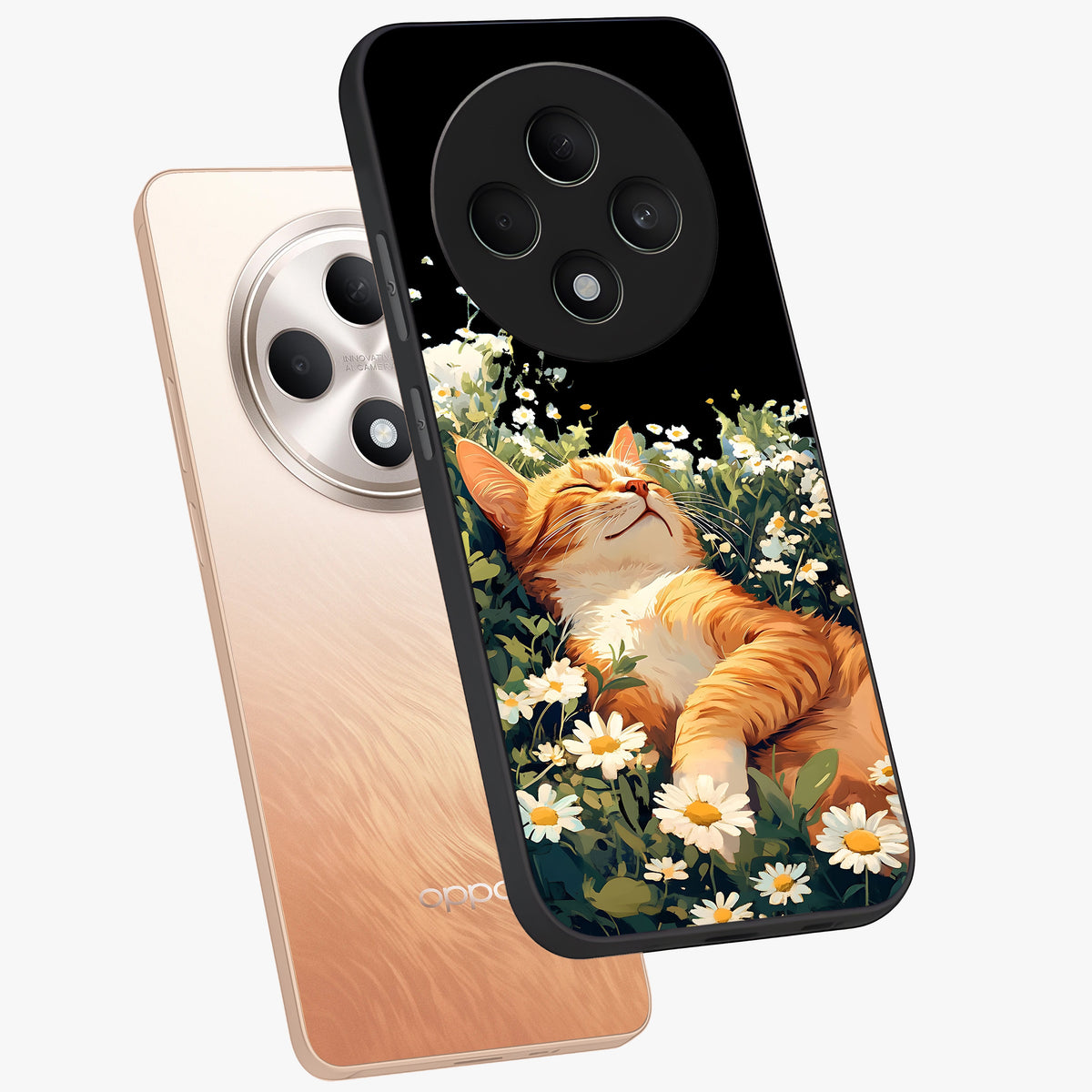 Blissful Bloom Cat Glass Case displayed in angled mockup highlighting playful feline illustration with soft floral aesthetic.
