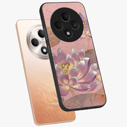 Blossom Mist Lotus Glass Case displayed in angled mockup highlighting delicate lotus illustration with calm aesthetic theme.