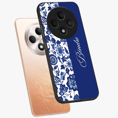 Blue Vintage Floral Pattern Glass Case displayed in angled mockup highlighting subtle bloom pattern with aesthetic pastel design.