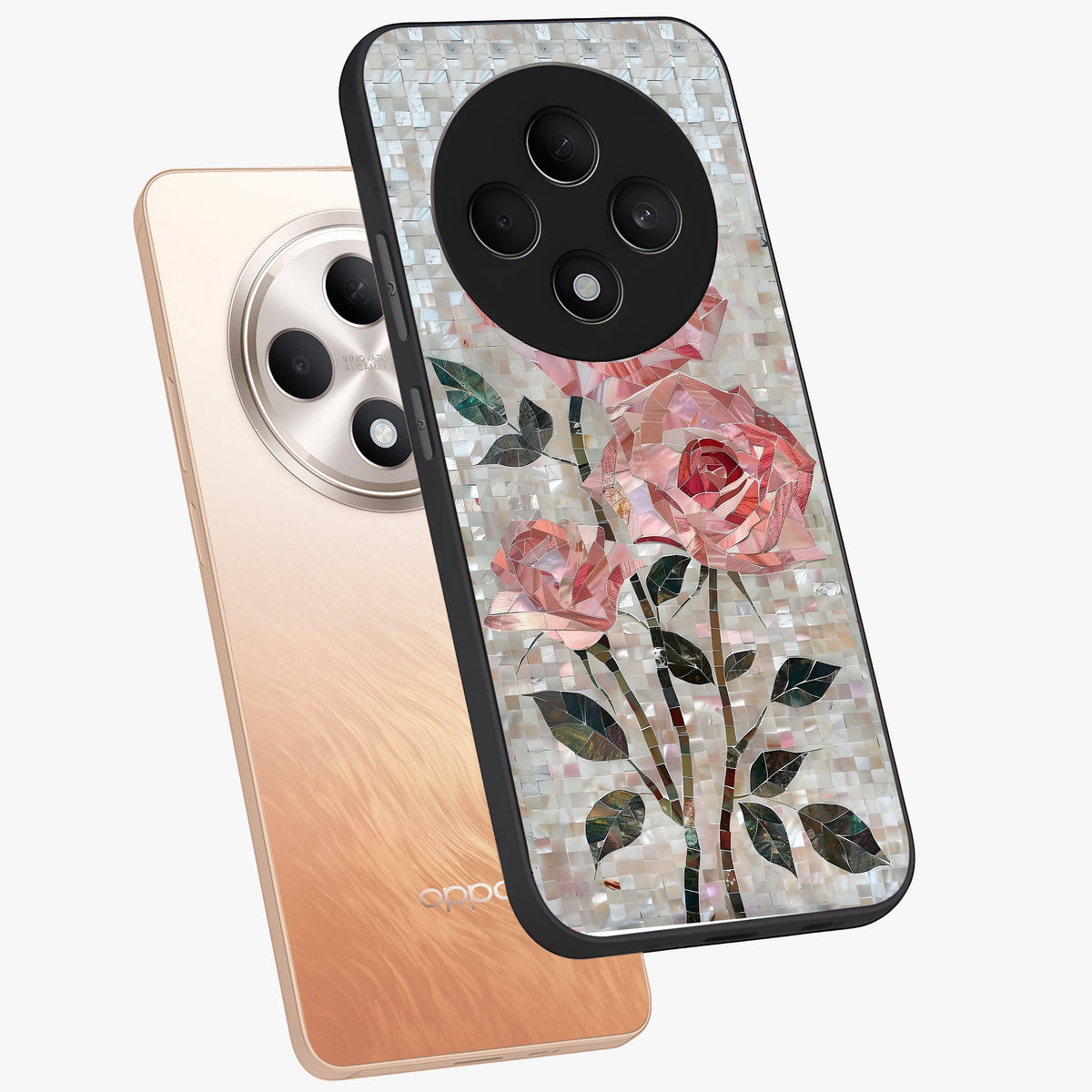 Blush Mosaic Bloom Glass Case displayed in angled mockup highlighting artistic mosaic flower pattern with aesthetic design.