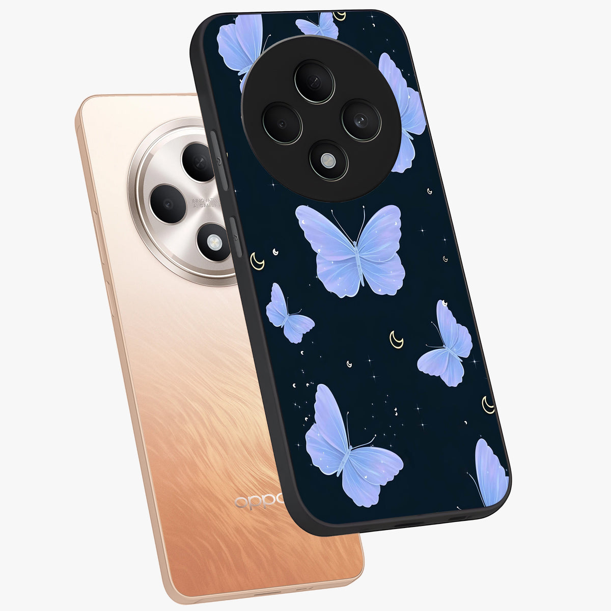 Butterfly With Stars Pattern Glass Case displayed in angled mockup highlighting dreamy butterfly and star design with aesthetic theme.