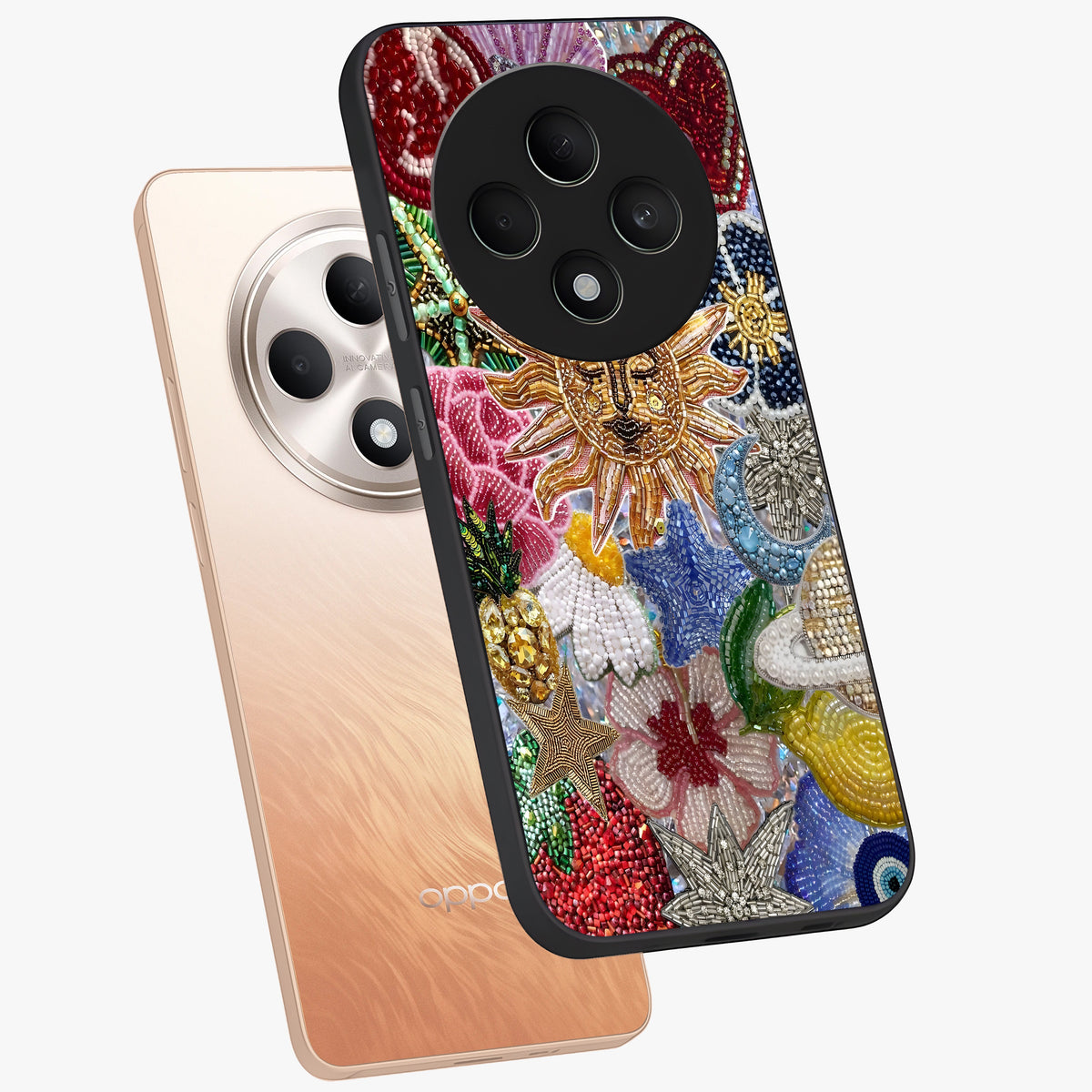 Celestial Floral and Playful Glass Case displayed in angled mockup highlighting playful floral design with dreamy celestial elements.