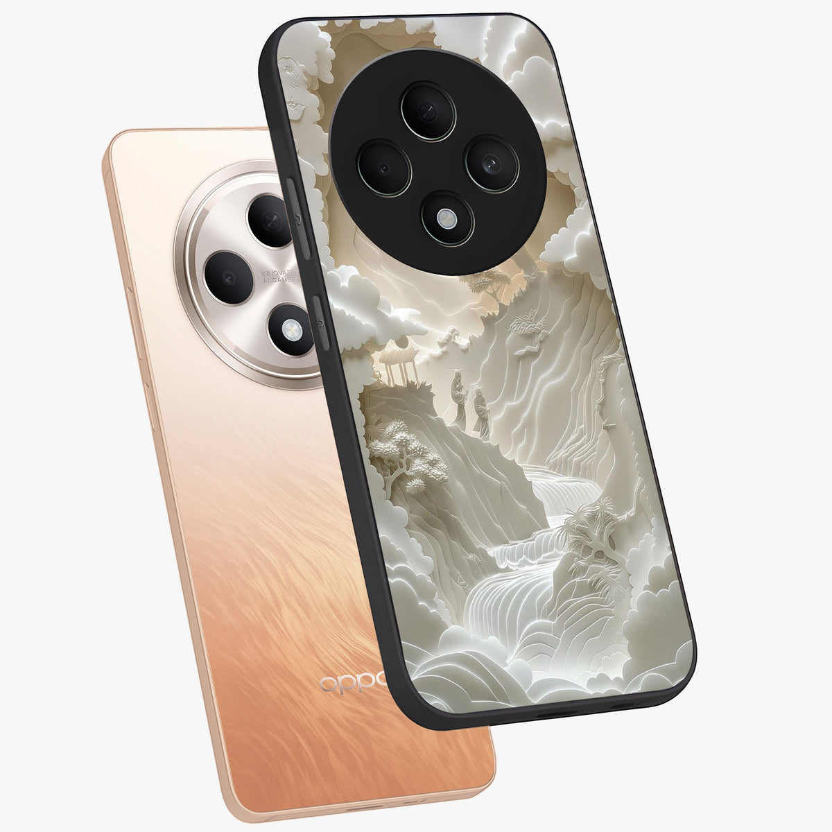 Celestial Origami Glass Case displayed in angled mockup highlighting geometric origami design with cosmic aesthetic theme.
