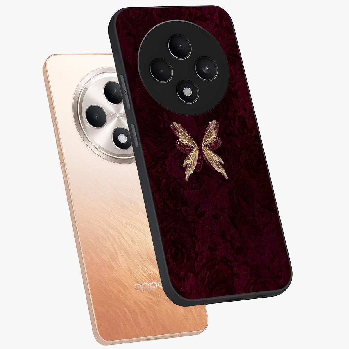 Crimson Fade Butterfly Glass Case displayed in angled mockup highlighting elegant butterfly design with crimson gradient aesthetic.