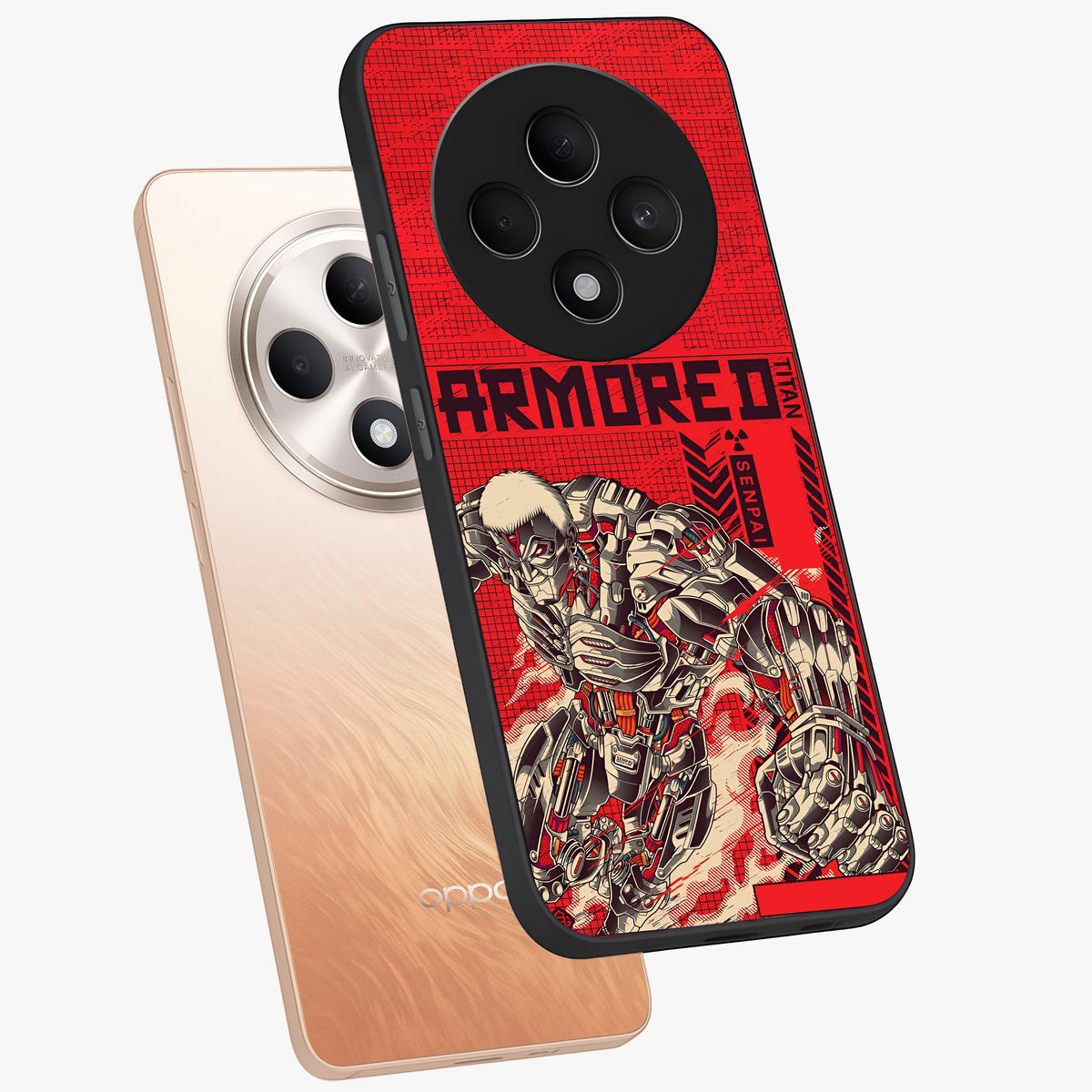 Crimson Mecha Titan Glass Case displayed in angled mockup highlighting futuristic mech illustration with bold crimson aesthetic.