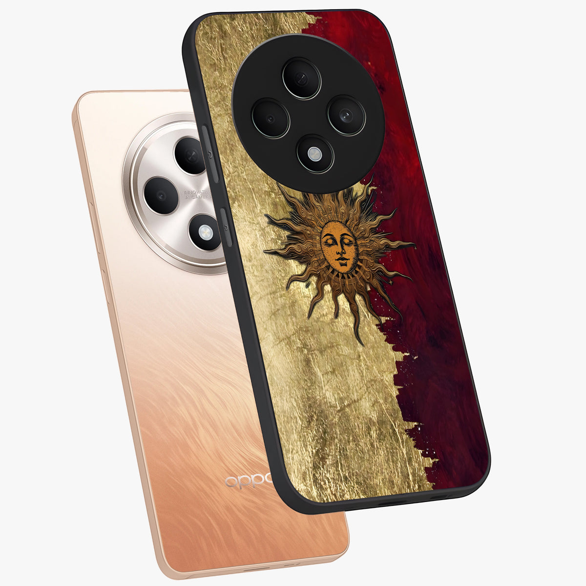 Crimson Sun Majesty Glass Case displayed in angled mockup highlighting majestic crimson sun design with bold aesthetic style.