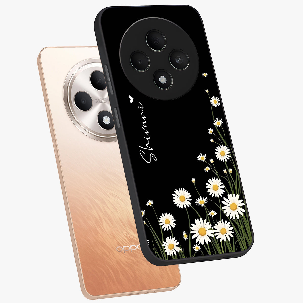 Daisy Cascade Custom Name Glass Case displayed in angled mockup highlighting delicate daisy artwork with custom name feature.